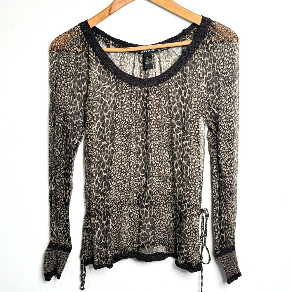 Lucky Brand Sheer Leopard Print Long‎ Sleeve Top Smocked Waist Drawstring